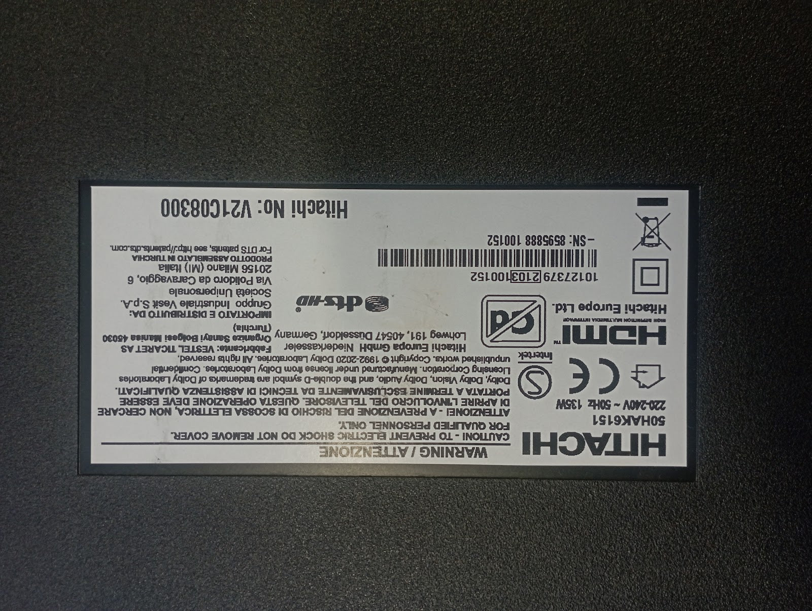 Ricambi TV Hitachi 50HAK6151 - Mainboard PSU T-Con WiFi Altoparlanti Flat IR