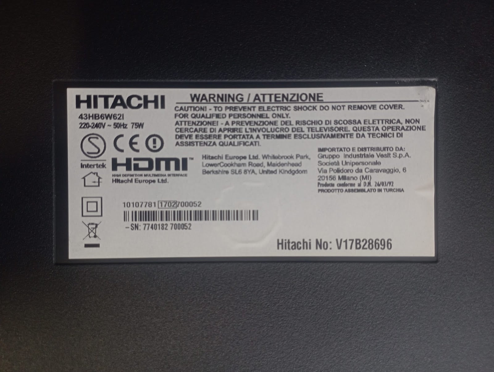 Ricambi TV Hitachi 43HB6W62I - T-Con Altoparlanti Flat WiFi IR