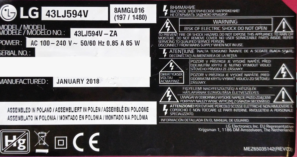 Etichetta modello TV LG 43LJ594V-ZA, produzione gennaio 2018