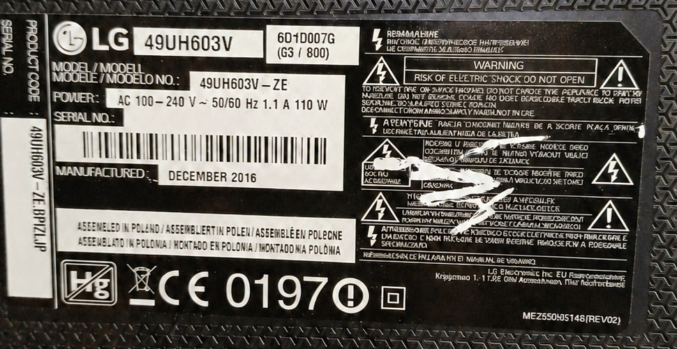 Etichetta modello TV LG 49UH603V-ZE senza matricola