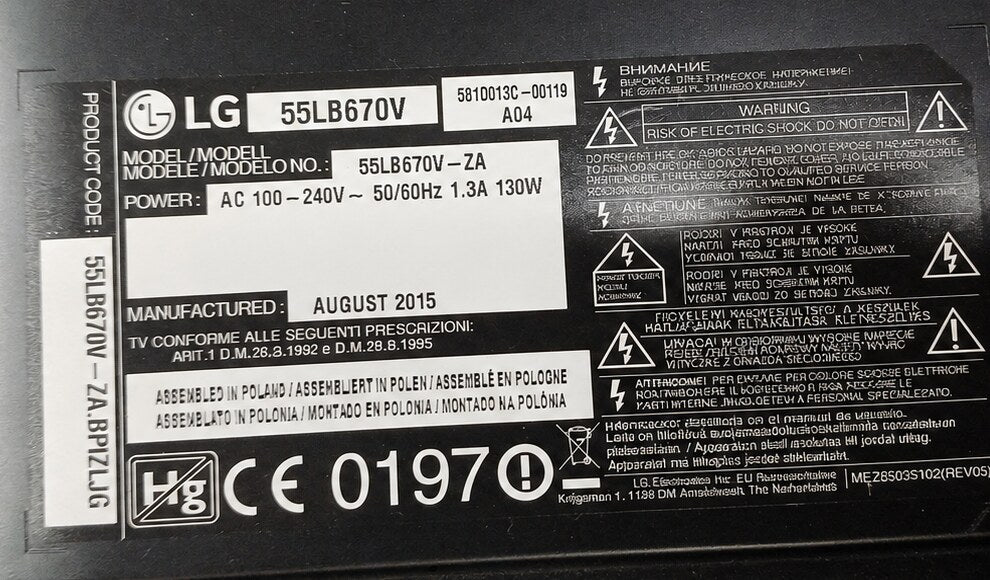 Etichetta modello TV LG 55LB670V-ZA senza matricola