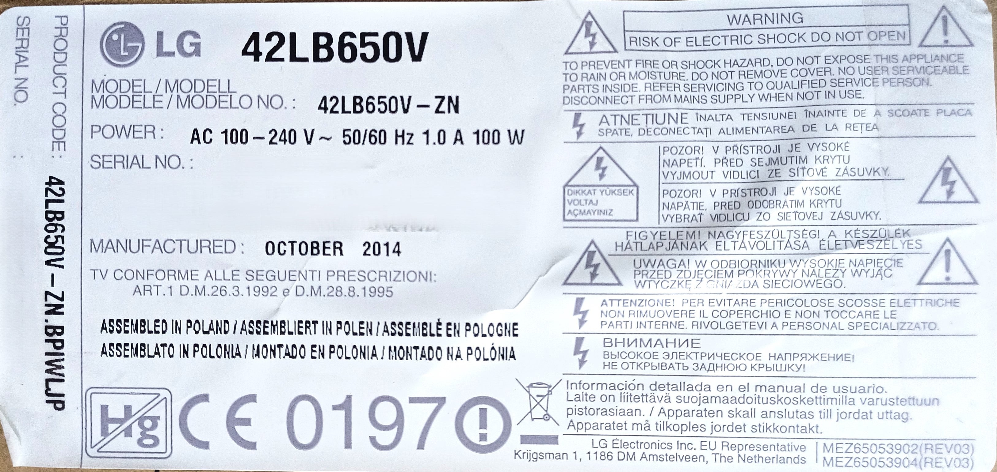 Etichetta TV LG 42LB650V-ZN