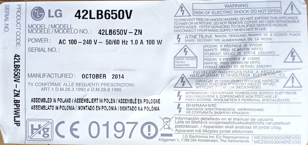 Alimentatore LG 42LB650V EAX65423701 retro