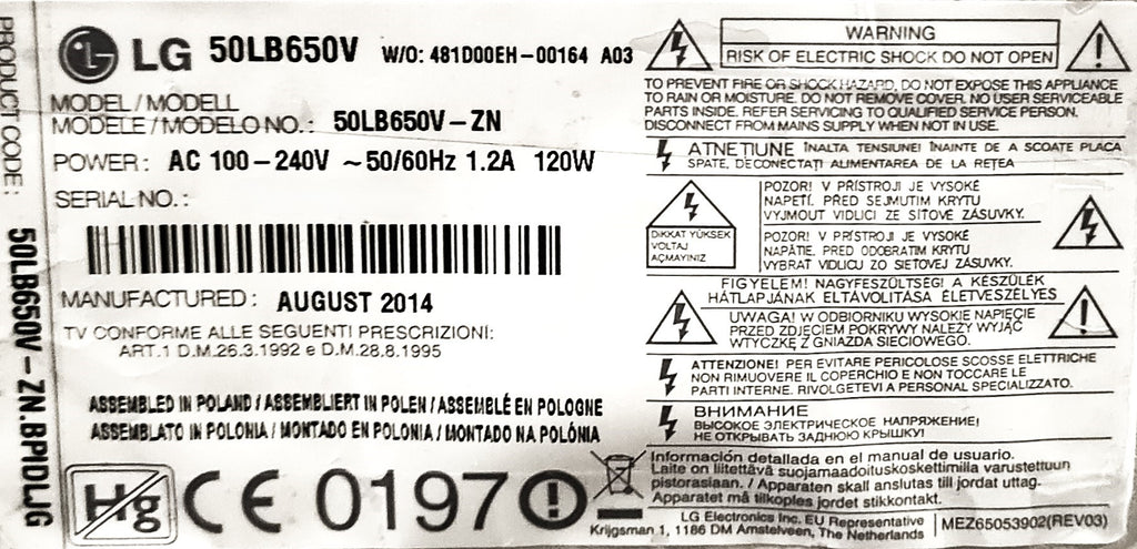 Ricambi TV LG 50LB650V - Altoparlanti Ricevitore PSU WiFi