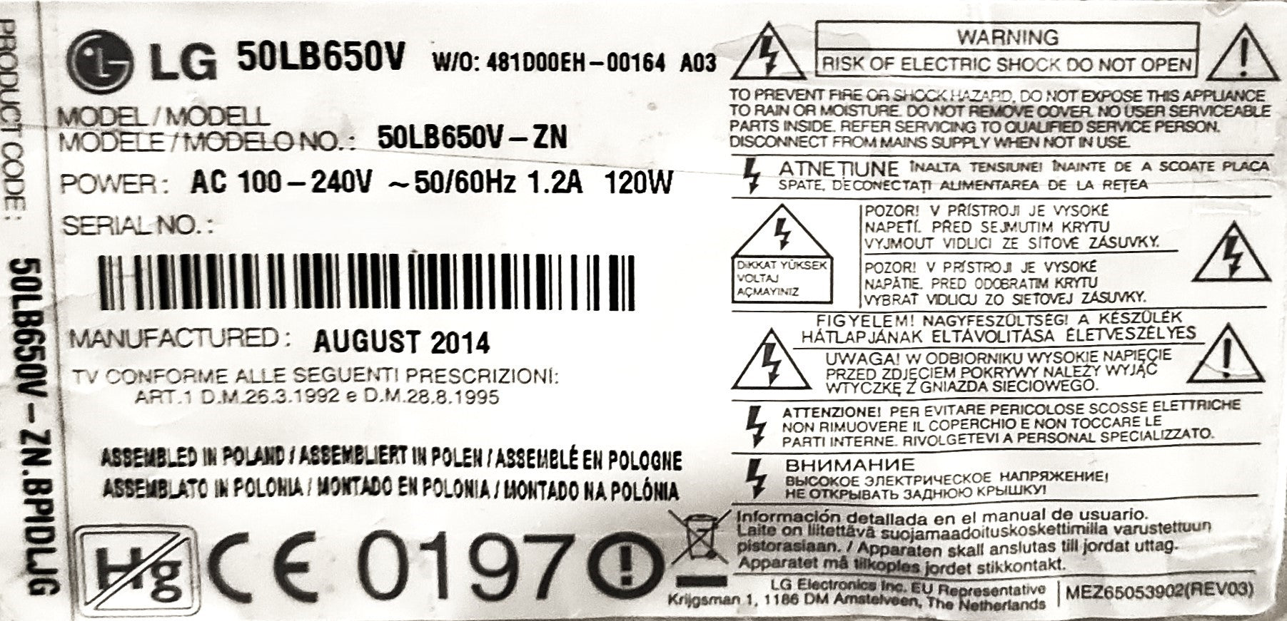 Ricambi TV LG 50LB650V - Altoparlanti Ricevitore PSU WiFi
