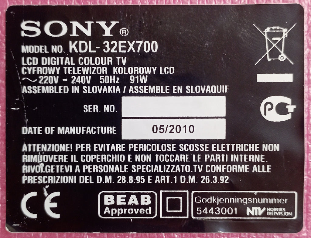 Ricambi TV Sony KDL-32EX700 - Mainboard Altoparlanti Ricevitore IR