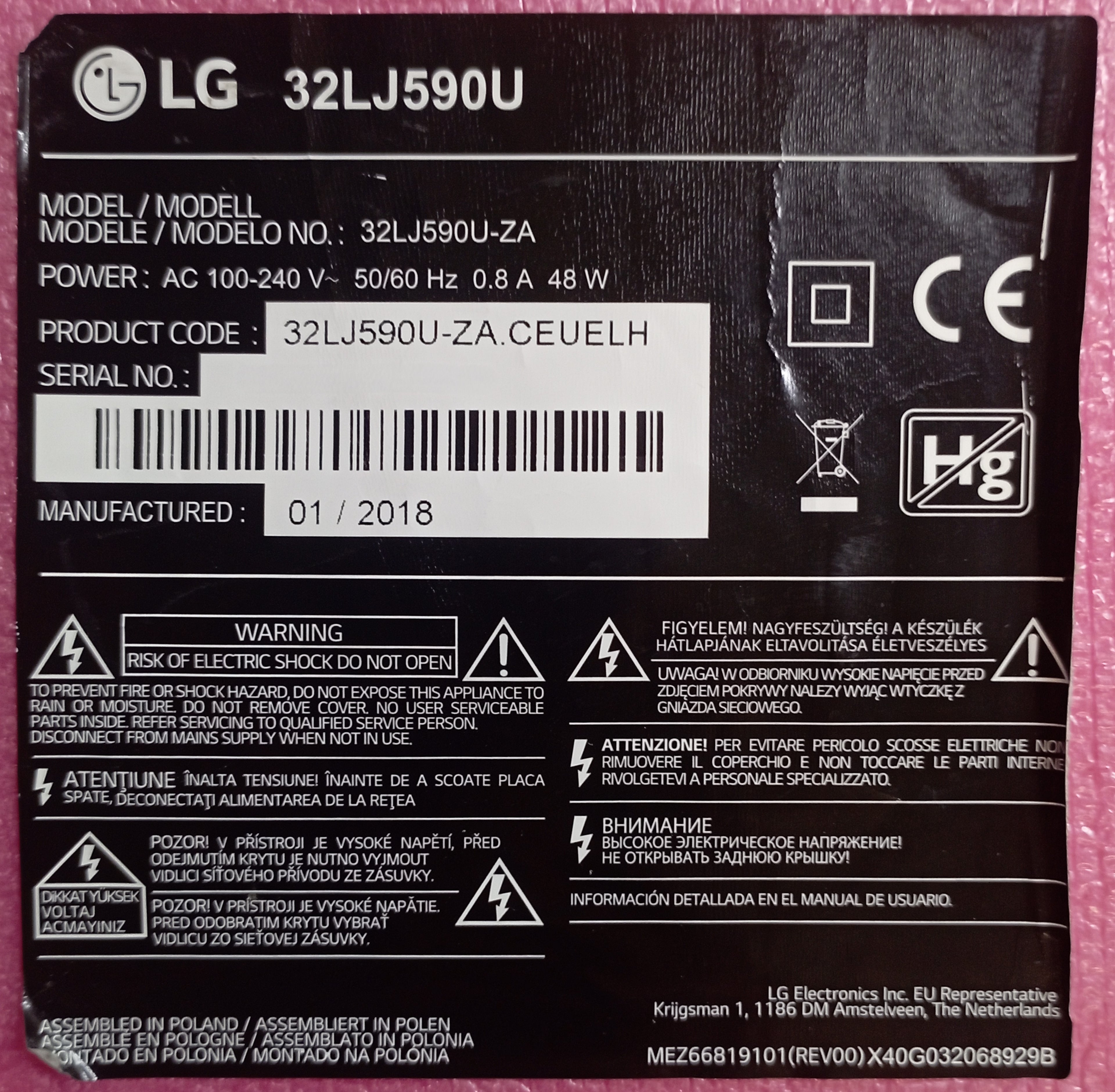 Ricambi TV LG 32LJ590U - Mainboard Altoparlanti IR WiFi Flat