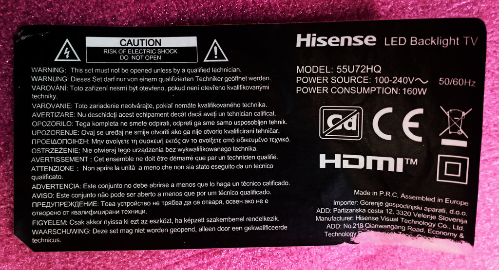 Ricambi Originali Usati/Testati per Hisense 55U72HQ — Mainboard, PSU, T-CON, Altoparlanti, WiFi - Elettronica Guastella