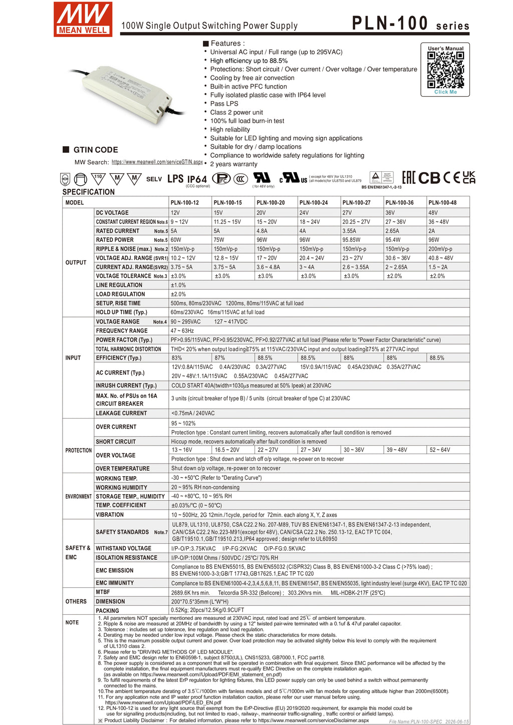 PLN-100-12 Alimentatore Switching Mean Well 12V 8.3A 100W