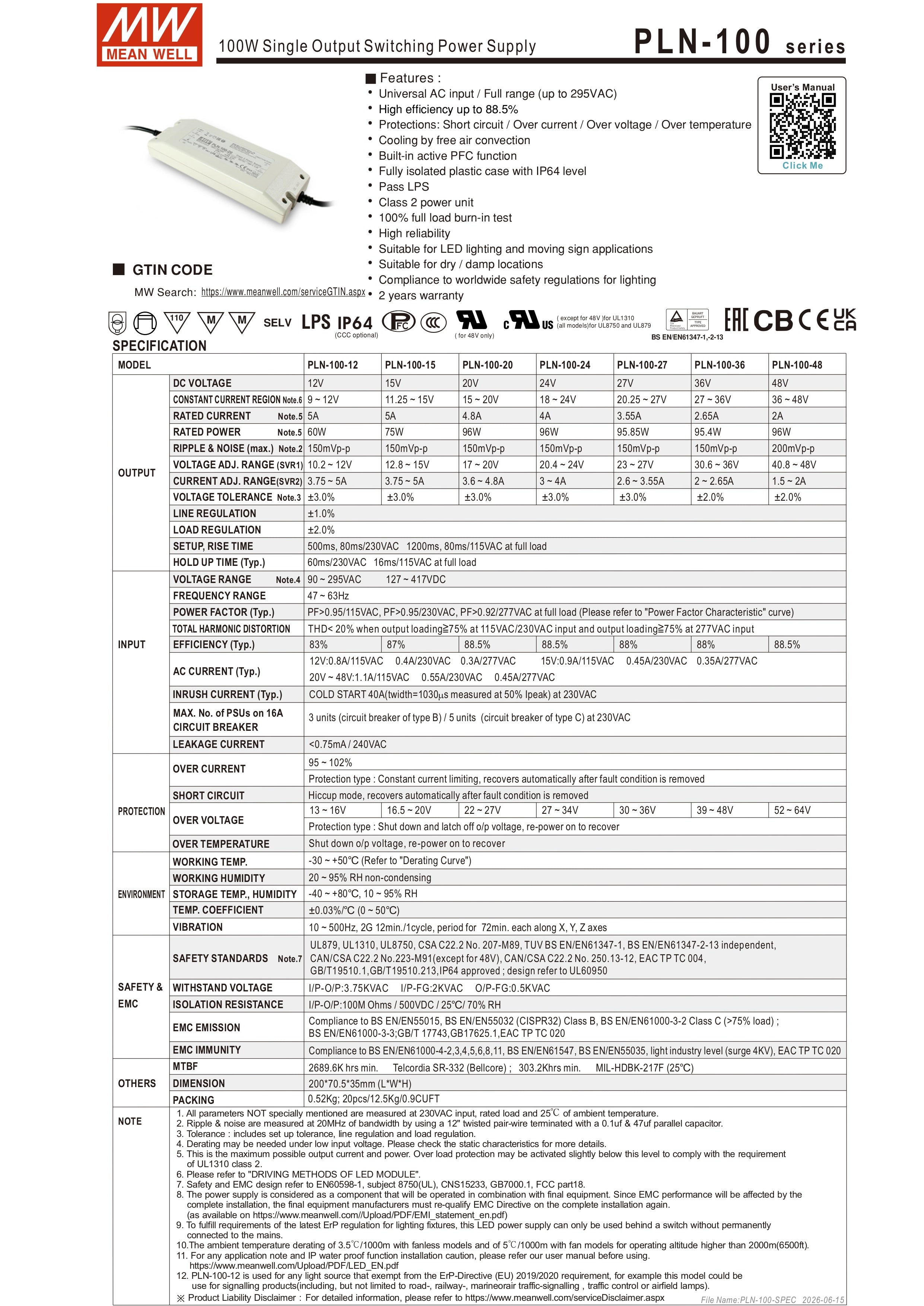 PLN-100-12 Alimentatore Switching Mean Well 12V 8.3A 100W