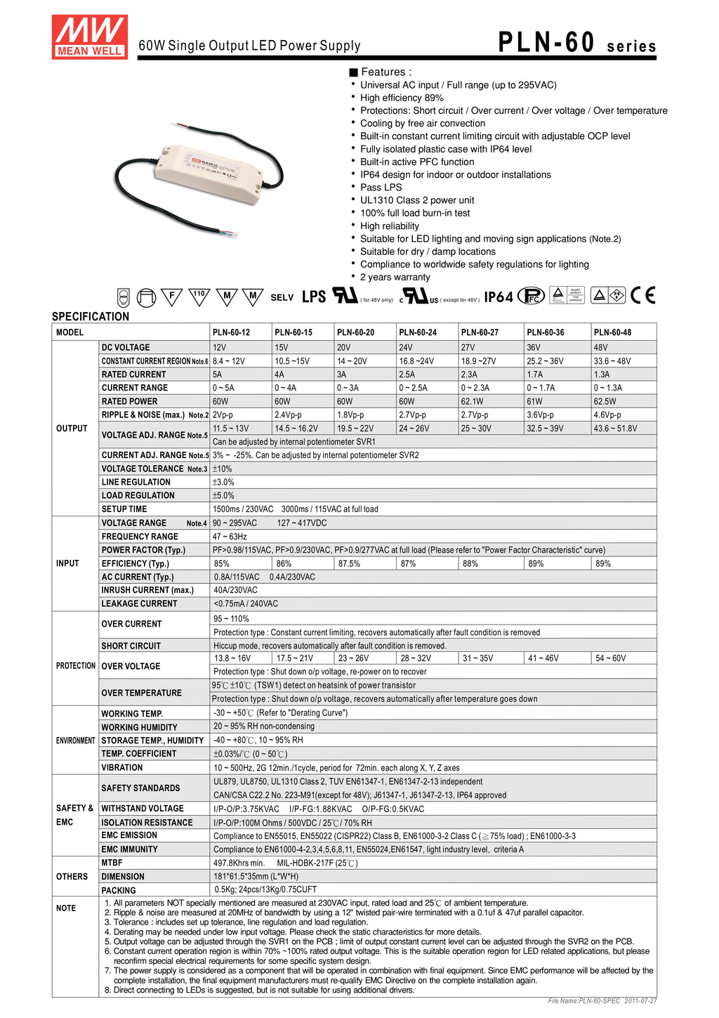 PLN-60-24 Alimentatore Switching Mean Well 24V 60W
