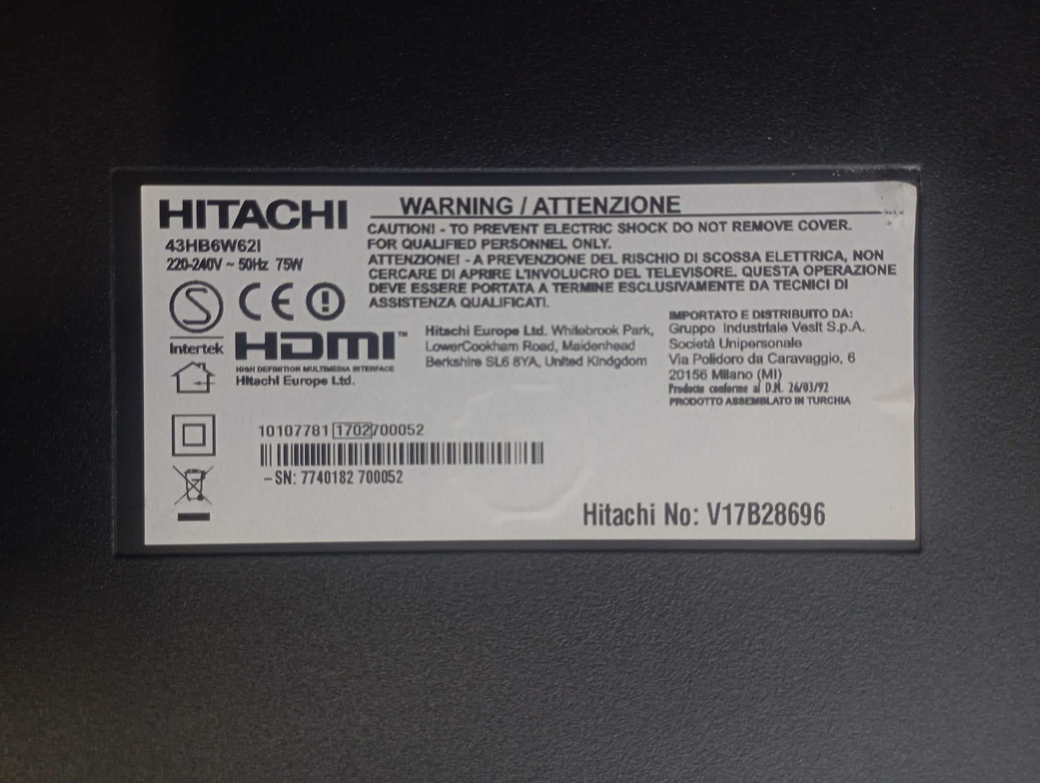 Ricambi TV Hitachi 43HB6W62I - T-Con Altoparlanti Flat WiFi IR