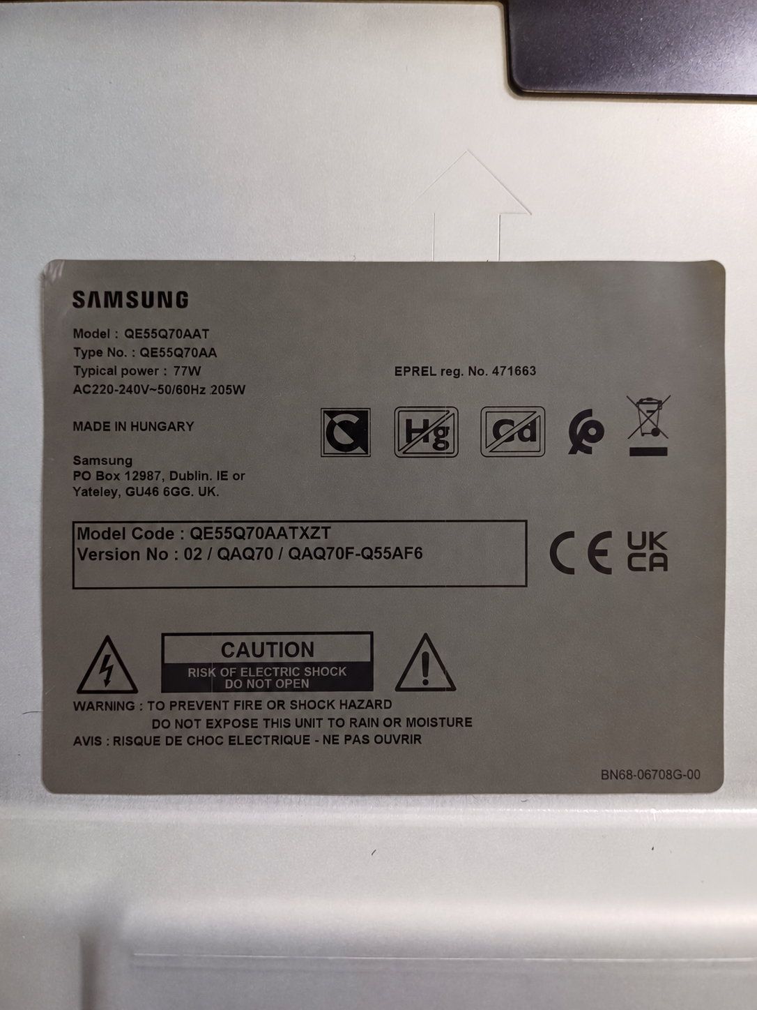 Samsung QE55Q70AATXZT etichetta modello senza matricola